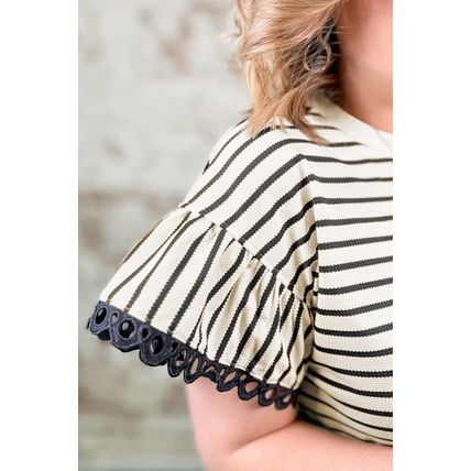 Black Stripe Eyelet Trimmed Ruffled Short Sleeve Plus Size Top