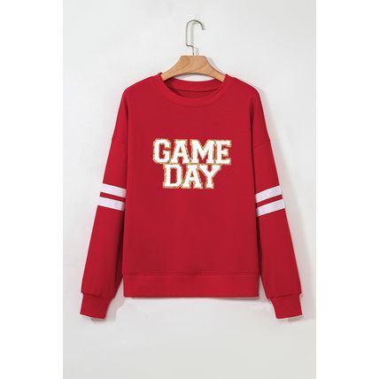 Fiery Red Glitter Trim GAME DAY Letter Graphic Oversized Varsity Sweatshirt