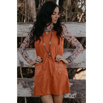 Gold Flame Corduroy Western Embroidered Patched Pocket Shift Sleeveless Mini Dre
