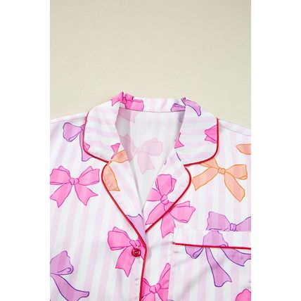 Pink Striped Bow Print Contrast Piping Trim Shirt and Pants 2pcs Pajama Set