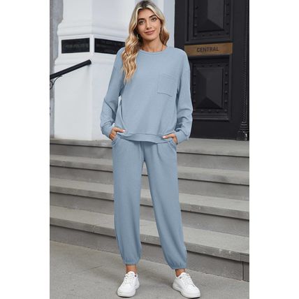 Dusk Blue Solid Color Ribbed Loose Long Sleeve Top Casual Pant Set