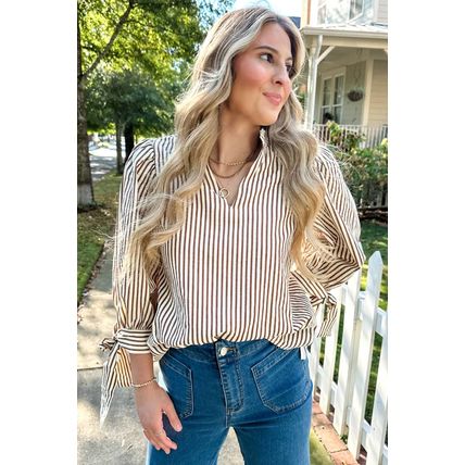 Straw Yellow Striped Print Tied Cuffs Split Neck Seersucker Blouse