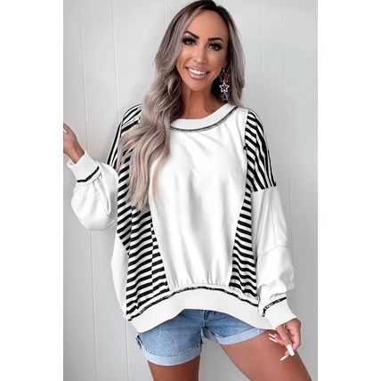 White Stripe Colorblock Patchwork Contrast Stitching Oversize Sweatshirt
