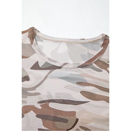 Green Western Fashion Camouflage Print Mesh Long Sleeve Top