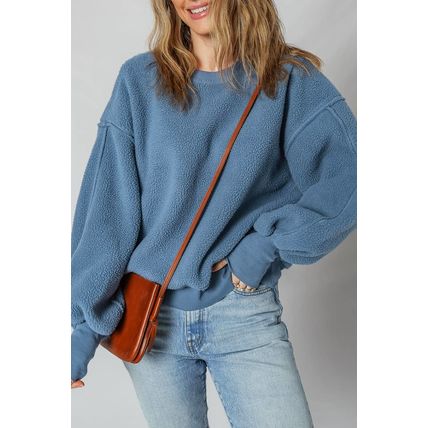 Sail Blue Fleece Drop Shoulder Exposed Seam Patchwork Casual Sweatshirt