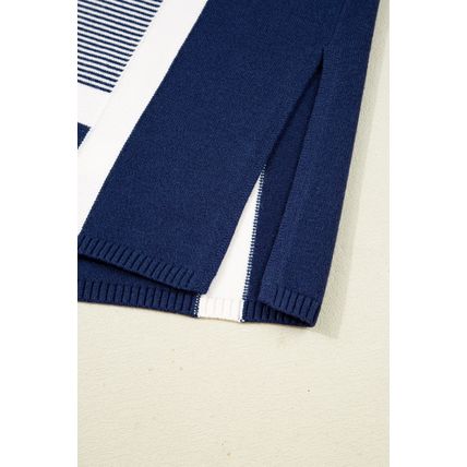 Blue Stripe Color Block Patchwork Dolman Oversize Tunic Sweater