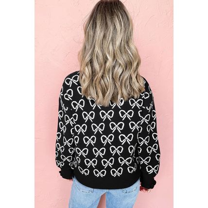 Black Cute Bow Pattern Drop Shoulder Zipped Collar Sweater