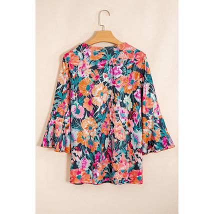 Black Floral 3/4 Flare Sleeve Tied V Neck Blouse