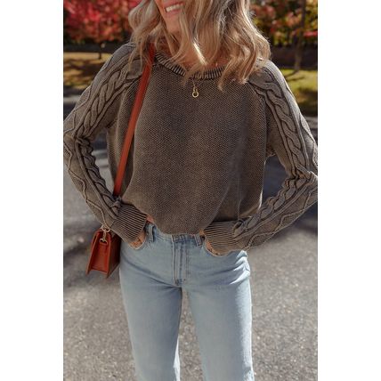 Dark Brown Contrast Cable Knit Sleeve Casual Sweater