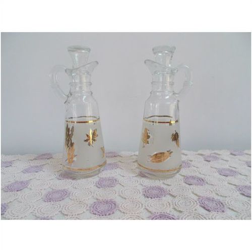 Vintage Anchor Hocking Starlyte Oil & Vinegar Gold Leaf Cruets