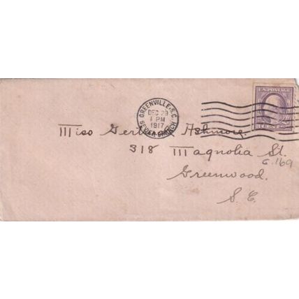 United States 1917 Greenville SC-Greenwood SC Cover Greenville cancel written VG