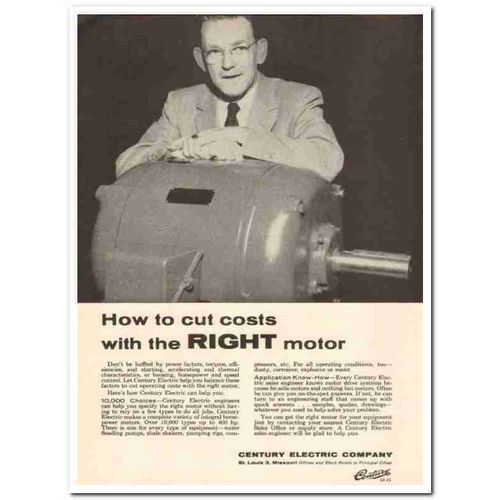 CENTURY ELECTRIC COMPANY 1959 How cut costs right motor vintage ad