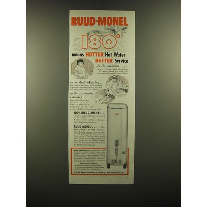 1951 Rudd-Monel Water Heater Ad - Rudd-Monel 180 means hotter hot water better
