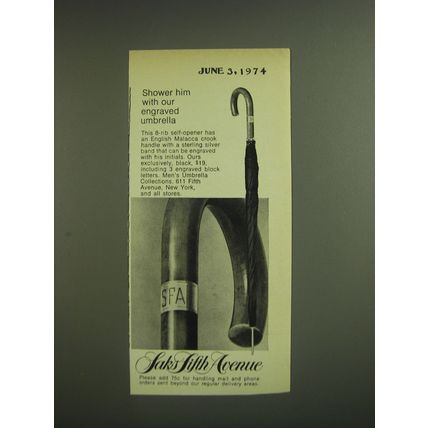 1974 Saks Fifth Avenue Umbrella Ad - Shower him with our engraved umbrella