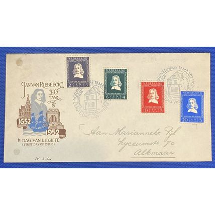 ZAYIX 1952 Netherlands B234-237 / Mi 583-586 / NVPH E7 FDC - Van Riebeeck Anniv.