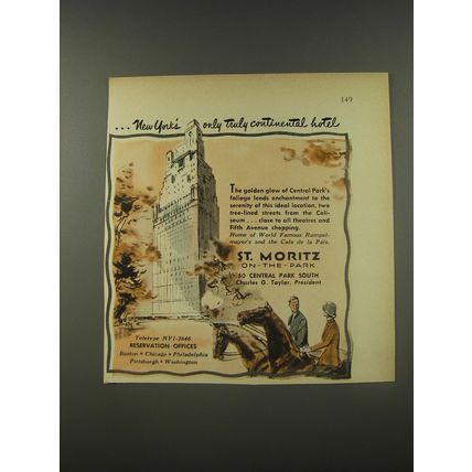 1956 St. Moritz On-the-Park Hotel Ad - New York's only truly continental hotel