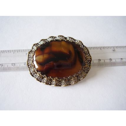 Vintage Brooch Czech Filigree Marbled Faux Banded Agate Bohemian Glass Sash Pin