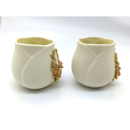 (2)Rose Shaped Small Vase/Vessel - Bone, off white color. Floral Wreath on front