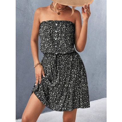 Women's Strapless BOHO Beach Floral Dresses Summer Holiday Mini Dress Sundress