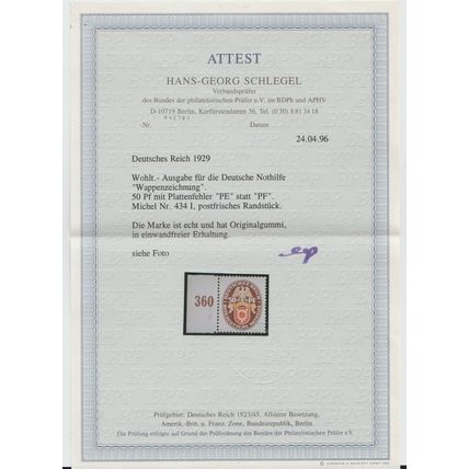 Mi: 434 (I) MNH 1929 Cat € 600 Certificate