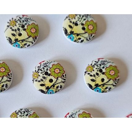 10 Flower Pattern Two Hole Wooden Round Buttons Size 15mm Greens, Yellow