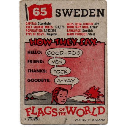 A & B C GUM TRADE CARD FLAGS OF THE WORLD 1959 No. 65. SWEDEN 95 X 67 mm