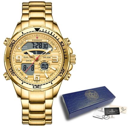 Gents Heavy Large Gold Dual Time Face Silver Stainless Steel Bracelet Watch Box