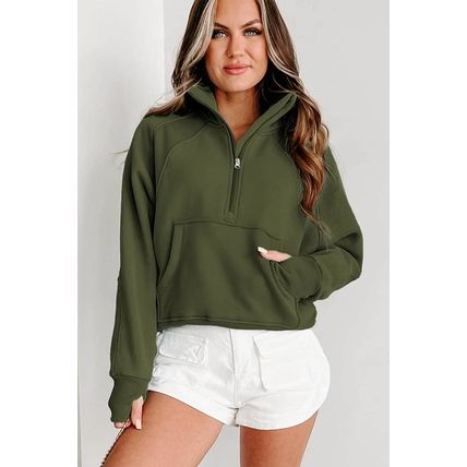 Green Zip Up Stand Collar Ribbed Thumbhole Sleeve Sweatshirt