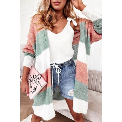 Green Colorblock Stripe Open-Front Cardigan