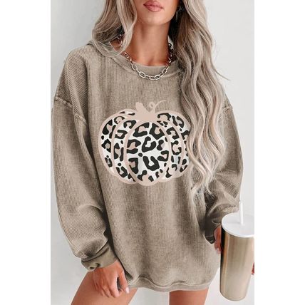 Khaki Leopard Halloween Pumpkin Graphic Corded Sweatshirt