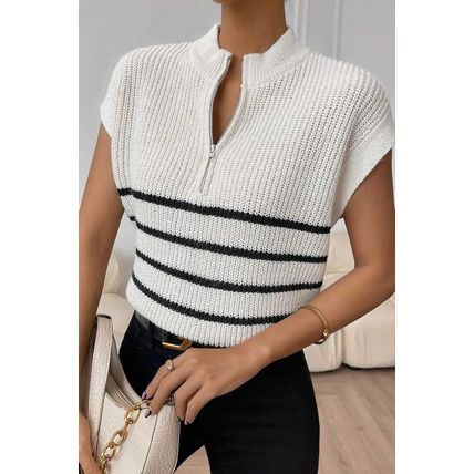 White Stripe Half Zip Split Stand Neck Sweater T-shirt