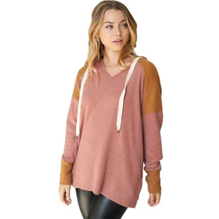Brown Waffle Knit Patchwork Drawstring V Neck Hoodie