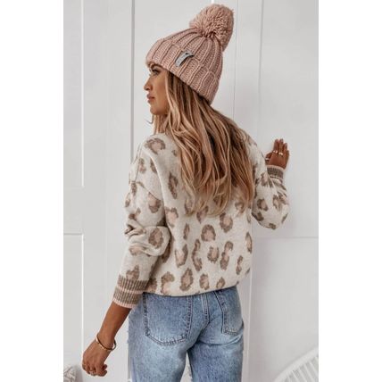 Brown Two-tone Ribbed Trim Contrast Leopard Sweater