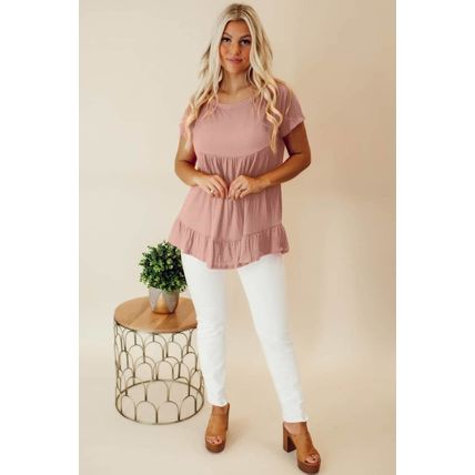 Pink Solid Short Sleeve Ruffle Hem Top