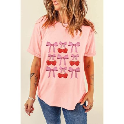 Pink Bow Cherry Print Crew Neck Casual T Shirt