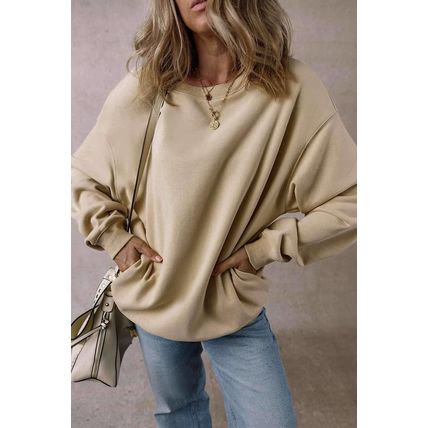 Parchment Solid Fleece Lined Crew Neck Casual Sweatshirt