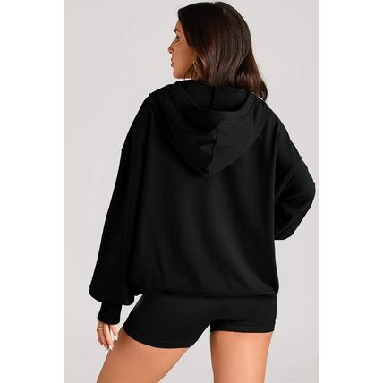 Black Solid Kangaroo Pocket Half Zipper Oversized Hoodie