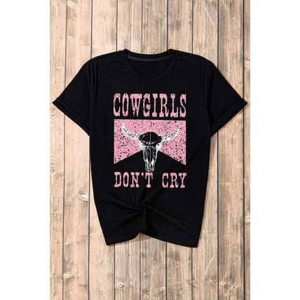 Black COWGIRL DONT CRY Steer Head Print Short Sleeve Top
