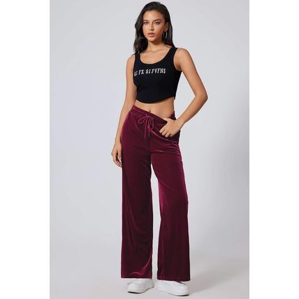 Burgundy Solid Drawstring Waist Wide Leg Pants