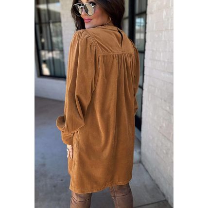 Desert Gold Corduroy Pleated Puff Sleeve Shift Short Dress