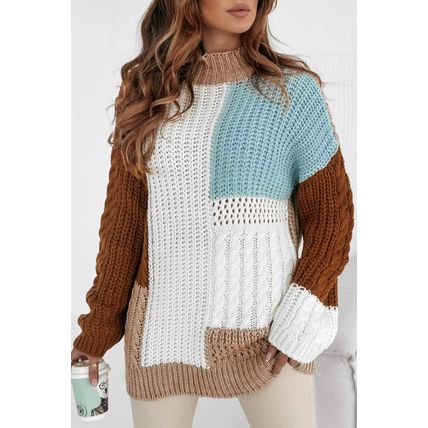 Khaki Mix Textured Knit Colorblock Patchwork Sweater