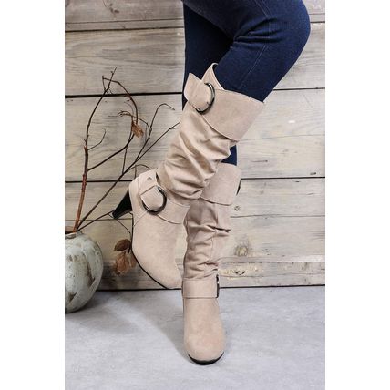 Beige Dual Buckle Strap Side Zip Heeled Mid Calf Boots