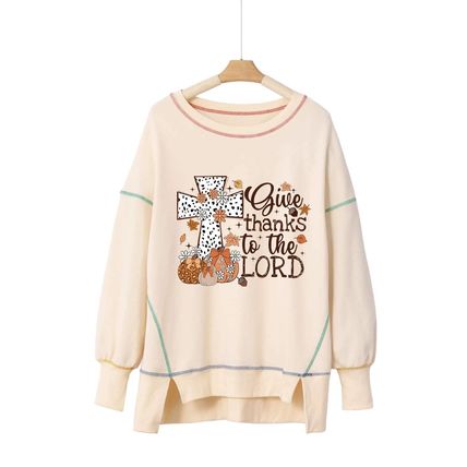 White Give Thanks to the LORD Graphic High Low Hem Loose Sweatshirt
