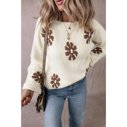 White Colorblock Floral Pattern Round Neck Sweater