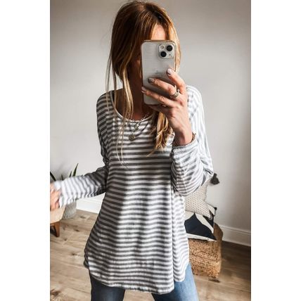 Gray Stripe Drop Sleeve Round Neck Oversized Long Sleeve Top