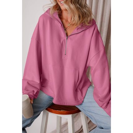 Valerian Fleece Lined Half Zipper Kangaroo Pockets Loose Hoodie