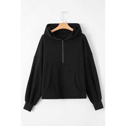Black Fleece Lined Half Zipper Kangaroo Pockets Loose Hoodie