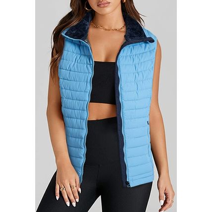 Sky Blue Plush Collared Quilted Zipped Puffer Vest