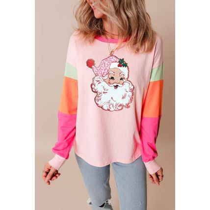 Pink Christmas Santa Claus Graphic Colorblock Patchwork Top