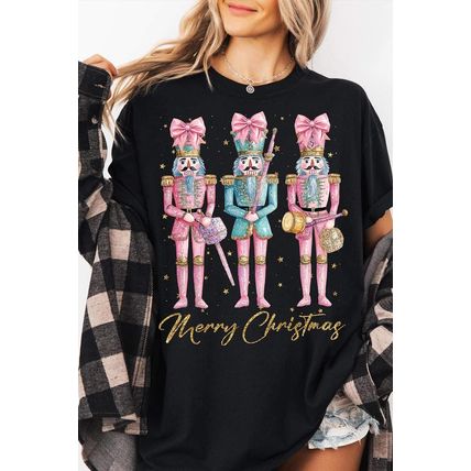 Black Nutcracker Merry Christmas Printed Crewneck T Shirt
